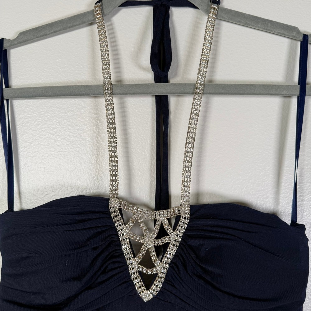 Cache Gown 6 Midnight Blue Rhinestone Halter Neck Formal Dress Maxi Made in USA - Picture 10 of 13